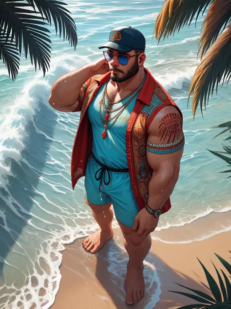 (((solo))), lean, buzzcut, beard, beach outfit, sunglasses, cap, ,high angle glasses, beach, palm trees, water, huge waves, wet, rain, aztec decoration, detailed, intricate details, modern, good anatomy, sad, serene