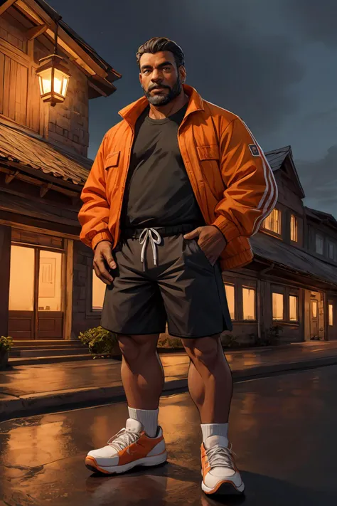 male middle-aged well-defined, afro-caribbean, light brown eyes, receding chin with cleft, unique forehead, chestnut curly undercut hair, envy wearing golf shorts, plaid benzimidazolone orange twill windbreaker, canvas sneakers, viking helmet, one hand on hip, displaying attitude, churches, terracotta, cob, asphalt shingles roof, bioluminescent jellyfish, gas lanterns, floodlights, misty air