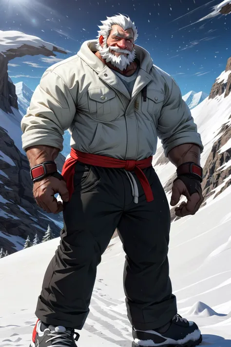 (human),(reinhardt),(scar across eye),An old man climbing a snow-covered mountain,leaning against the slopes in a heavy punching bag,steep peaks,bitter wind and snow,bad weather,extreme sports,(full body),Best quality,masterpiece,4k,8k,highly detailed,detailed face,<lora:reinhardt-000006:0.9>,anime,smile,outdoor,