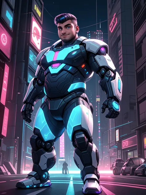 ((solo)), 20yo, pompadour, sunrise, action pose, chubby, ((futuristic, cyberpunk, modern, lights, LED, intricate details, holo, hologram)), smile, robots, cyborgs