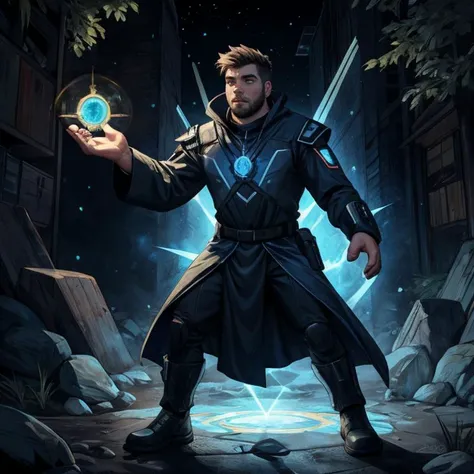 (Comic book, battle, panels), Redneck 25yo man, futuristic mage, futuristic fascistic uniform, floating hologram projection HUD, outstretched hand, magical combat, Brewing potions ritual shaped like Prism of glazed nocturnal blood and Enchantment, , skin detail, Enigmatic Divination, Holding a magical artifact for prophetic visions,