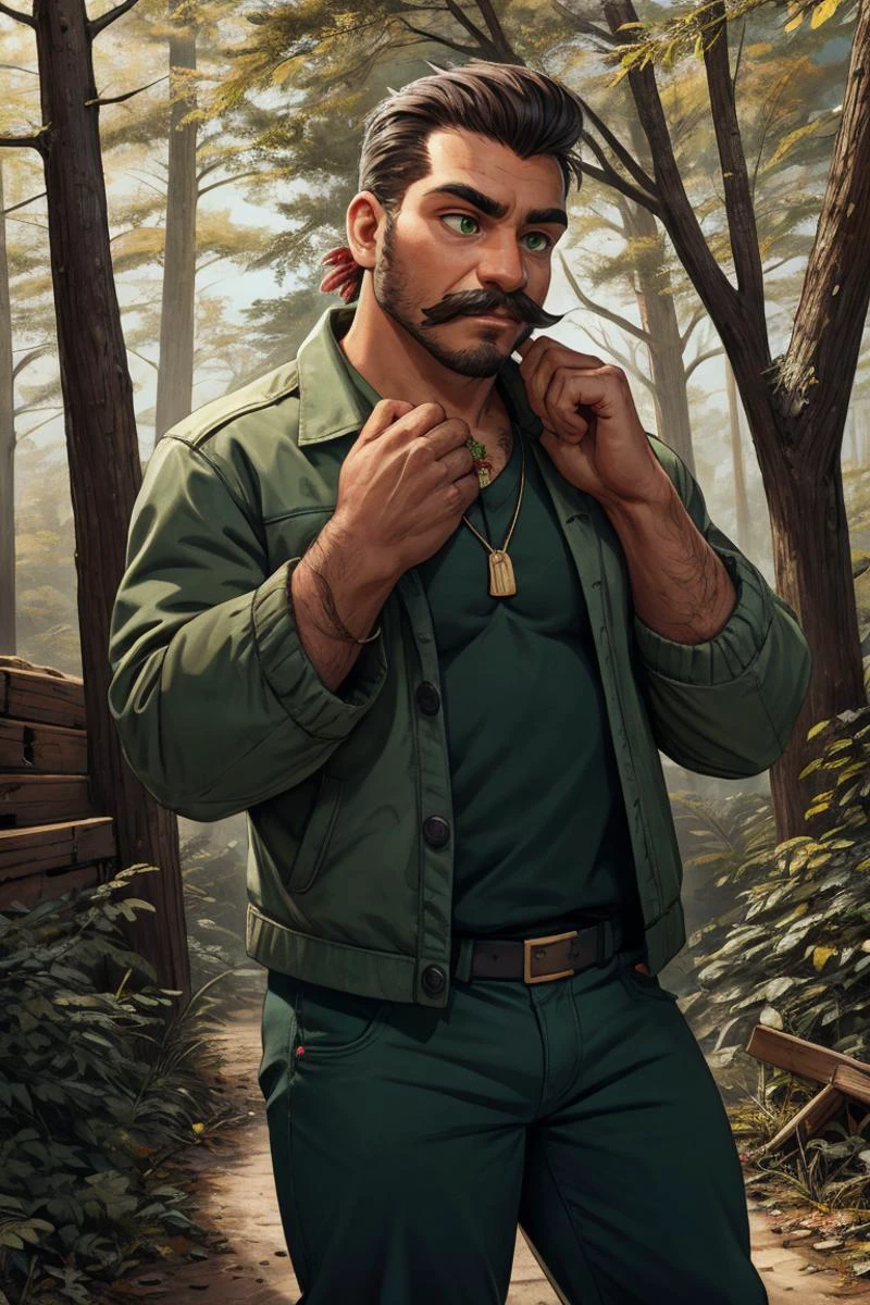 Photo, male Senior Hourglass, Indigenous peoples of the America, Dark green eyes, Button Nose, Uneven Cheeks, Sloping Forehead, Horseshoe Mustache , Dark Brown Quiff hair, Satisfaction, wearing SageGreen Taffeta Leopard print Snowboard pants, Denim jacket, , , andTie , Hands on chin, deep in contemplation, woodland, oasis,post-apocalyptic ruins,