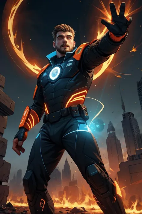 (Comic book, battle, panels), Redneck 25yo man, futuristic mage, futuristic fascistic uniform, floating hologram projection HUD, outstretched hand, magical combat,  Summoning cantrip shaped like Prism of Orange tempest kinetic and Necromancy, , skin detail, Etheric Resonance, Hands forming an energy ball between palms,