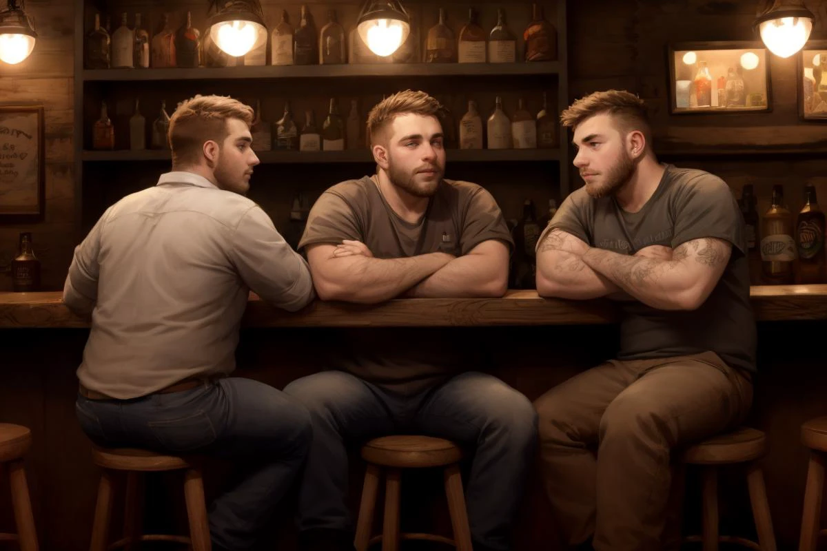 Three young redneck men drinking beer in a bar, dim lighting, sitting at a bar, counter,