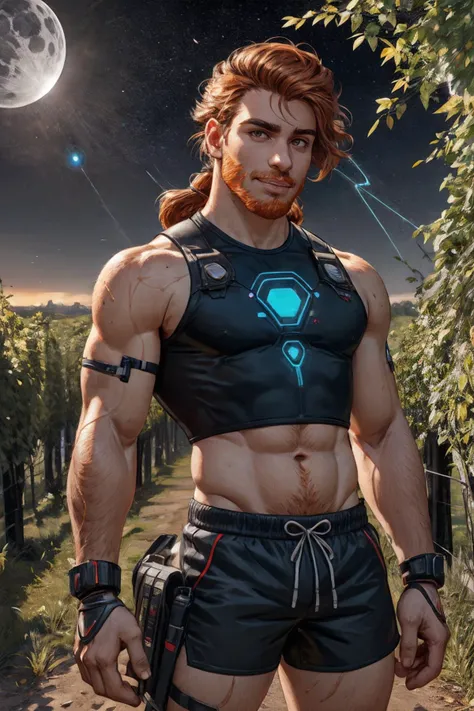 hyperrealistic art with narrow DOF of a male digital data infiltrator, biomechanical hackers, expert hackers merged with biotechnology, wired into cyberspace, mid-30s gay hunk, hazel eyes, cleft chin, overbite jaw, full cheeks, flat forehead, moles, ginger (extra-long and messy hairstyle hair:1.21), happiness, wearing (reactive smart fabric short-shorts:1.21), (cyber-silk crop-top:1.21), quantum circlet, <lora:Slider_Hair_Length-v1:2>, vineyard, historical landmark, new moon, space dust, <lora:detail_slider_v4:1.2>, <lora:epiNoiseoffset_v2-pynoise:2>, extremely high-resolution details, photographic, realism pushed to extreme, fine texture, incredibly lifelike, <lora:Slider_Weight-v2:-1>, <lora:Slider_Muscle-v1:-1>