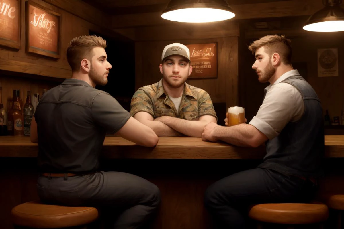 Three young redneck men drinking beer in a bar, dim lighting, sitting at a bar, counter,