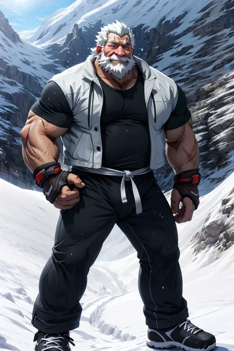 (human),(reinhardt),(scar across eye),An old man climbing a snow-covered mountain,leaning against the slopes in a heavy punching bag,steep peaks,bitter wind and snow,bad weather,extreme sports,(full body),Best quality,masterpiece,4k,8k,highly detailed,detailed face,<lora:reinhardt-000006:0.9>,anime,smile,outdoor,
