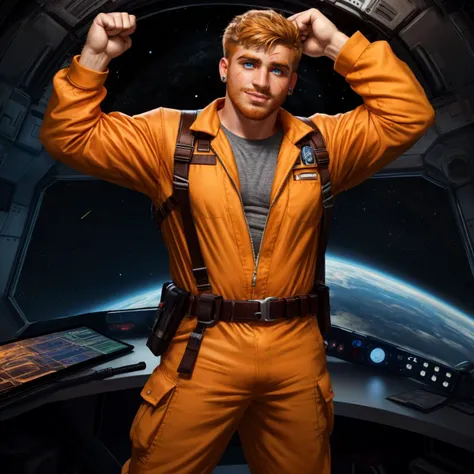 best quality, masterpiece, cinematic composition, solo, stubble, looking at viewer, spacecraft, science fiction, 1boy, pose, ginger hair,  fair skin, scar through eyebrow, stud earrings, smirk, dynamic pose, jumpsuit, tool belt, hairy,