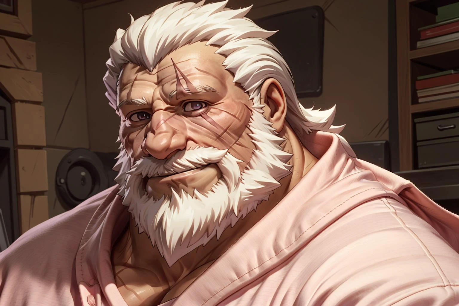 (human),(reinhardt),(scar across eye,scar on face,blind:1.2),An elderly man's birthday at home,(he's wearing pink pajamas.),(full body),Best quality,masterpiece,4k,8k,highly detailed,detailed face,<lora:reinhardt-000006:0.9>,face_focus,anime,smile,