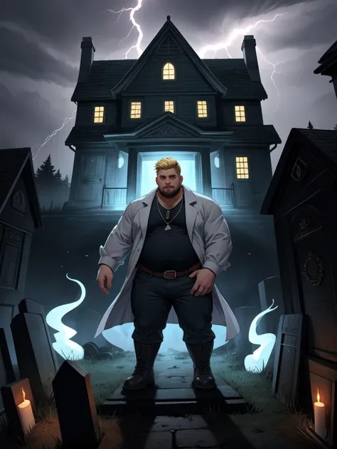 beefy chubby male human, clothed, serious, blond, accessories,
playing, front, haunted ghost house, ghosts, graveyard, lightning