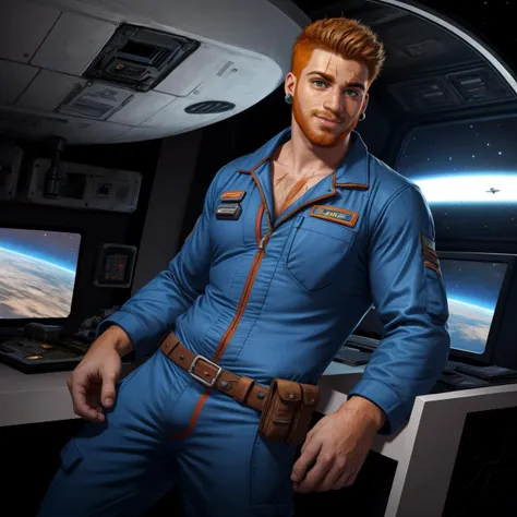 solo, stubble, looking at viewer, spacecraft, science fiction, 1boy, pose, ginger hair, thin lips, scar through eyebrow, stud earrings, smirk, dynamic pose, jumpsuit, tool belt,