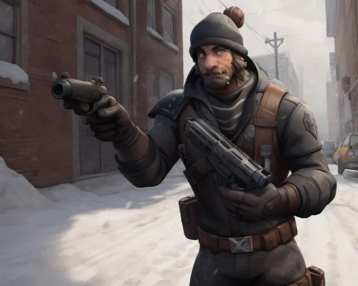 ((Fortnite))
snow falling on a man holding a handgun