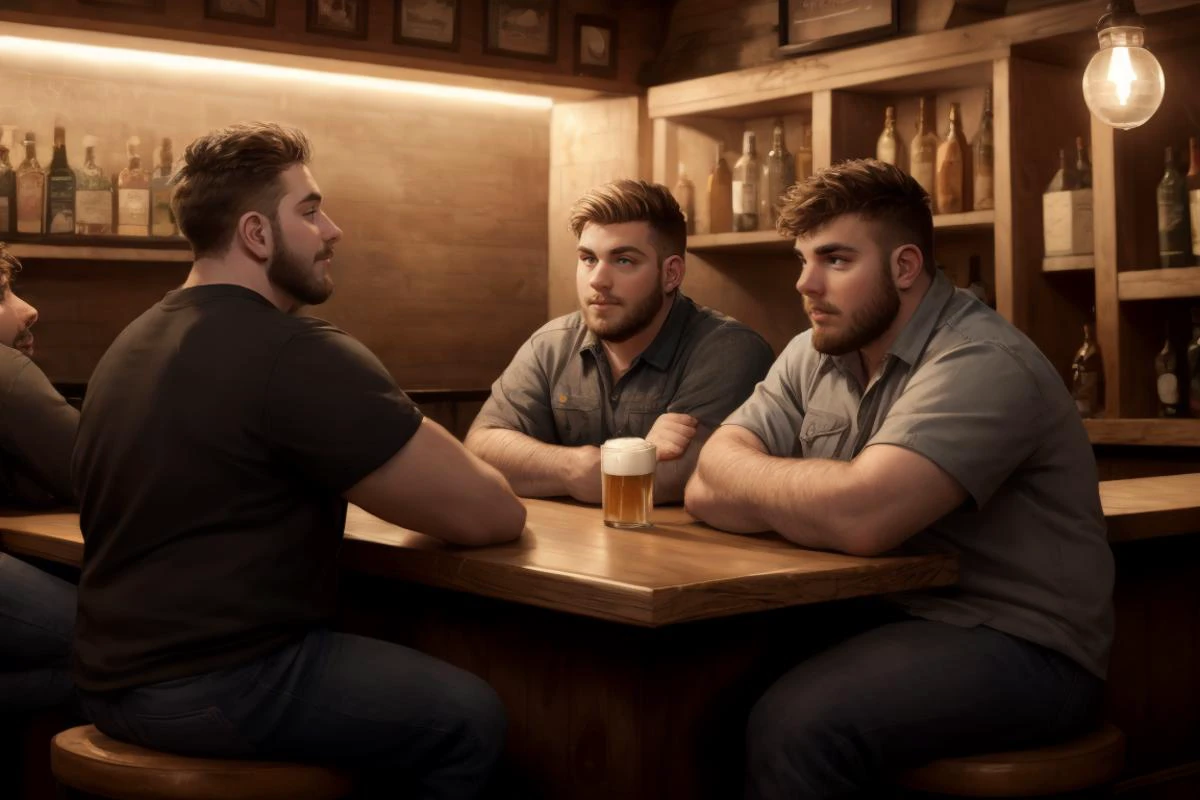 Three young redneck men drinking beer in a bar, dim lighting, sitting at a bar, counter,
