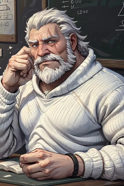 An old professor teaching math at the blackboard,Wearing a white sweater,fuzzy sweater,(reinhardt),(upper body),white skin,human,male focus,mature male,(scar across eye:1.2),Best quality,masterpiece,by zelo lee,<lora:n13-reinhardt-000009:0.7>,Blind man. Pirate scar.,