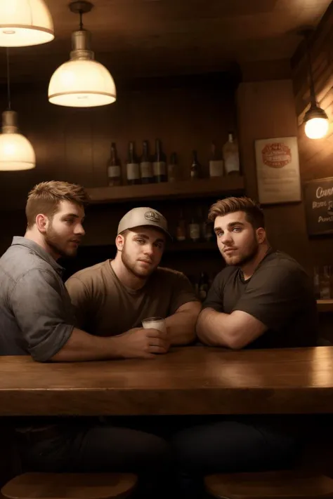 Three young redneck men drinking beer in a bar, dim lighting, sitting at a bar, counter,