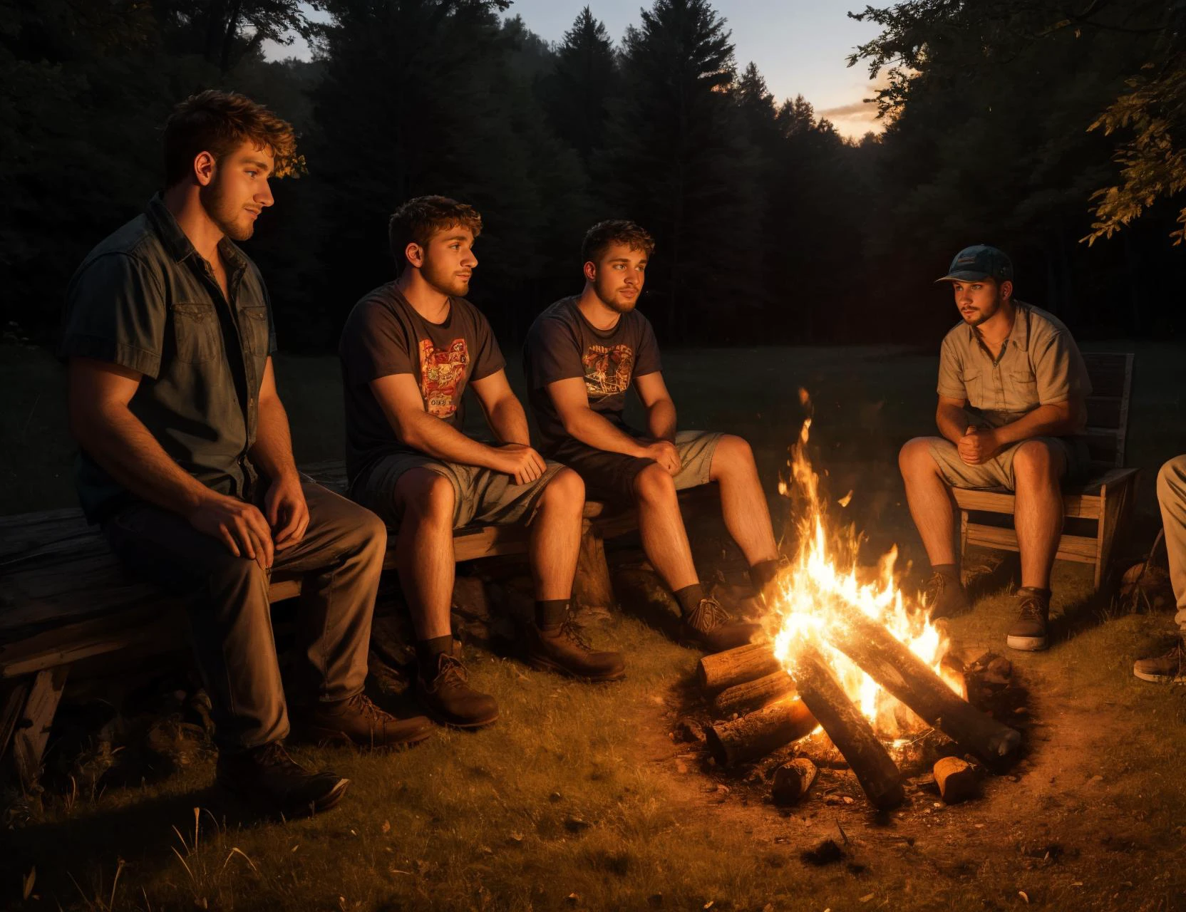 Group photo, redneck, (homoerotic:1.4), Detailed realistic photograph, young men, ((detailed face, detailed realistic skin)), detailed background, ray tracing sunlight, hyperdetailed photorealistic life-like accurate proportionate 8k sharp focus, empty hands, casual party atmosphere, rural party bonfire, outdoors, nighttime, woods, Appalachian,