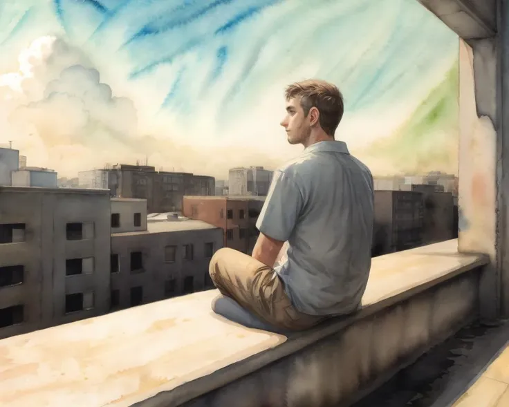 ((sloppy watercolor painting))
sitting on rooftop, looking away