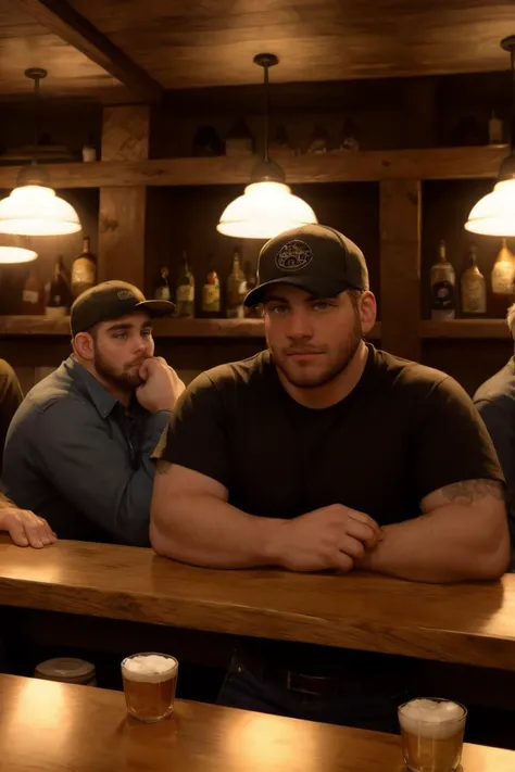 Three young redneck men drinking beer in a bar, dim lighting, sitting at a bar, counter,