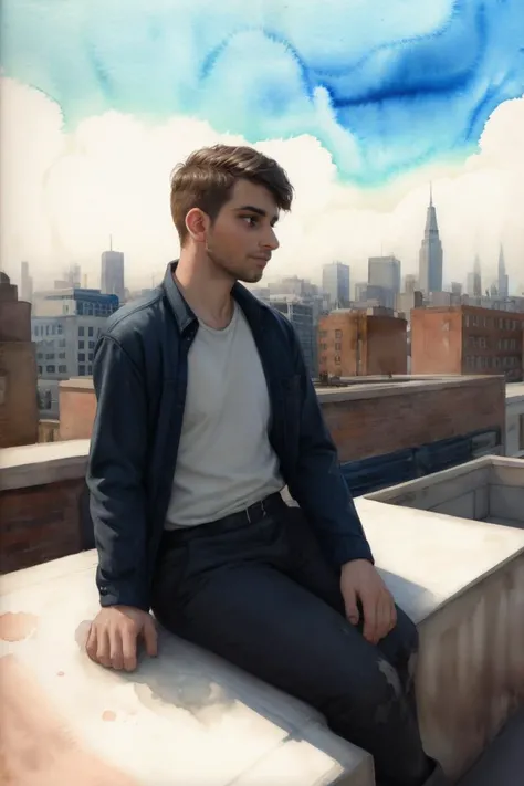((sloppy watercolor painting))
sitting on rooftop, looking away
