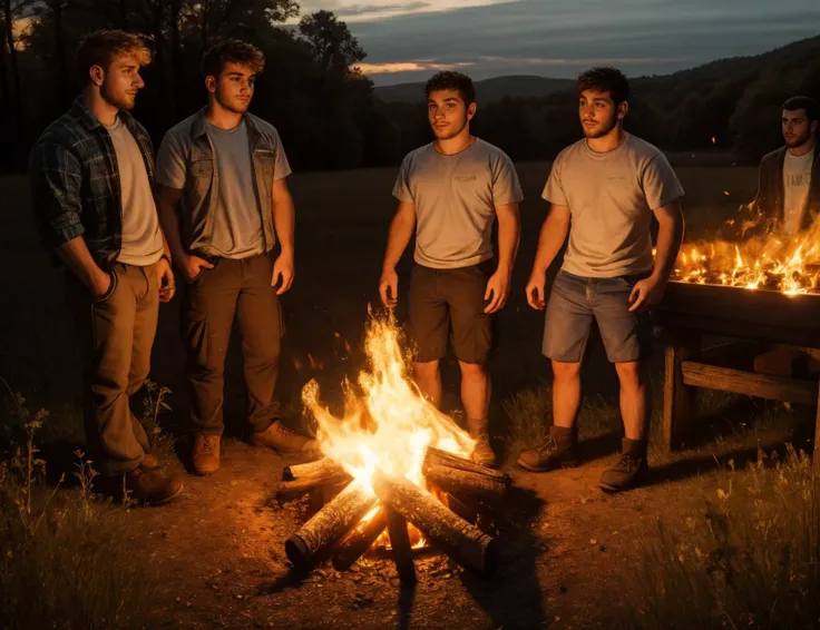 Group photo, redneck, (homoerotic:1.2), Detailed realistic photograph, young men, ((detailed face, detailed realistic skin)), detailed background, ray tracing sunlight, hyperdetailed photorealistic life-like accurate proportionate 8k sharp focus, empty hands, casual party atmosphere, rural party bonfire, outdoors, nighttime, woods, Appalachian,