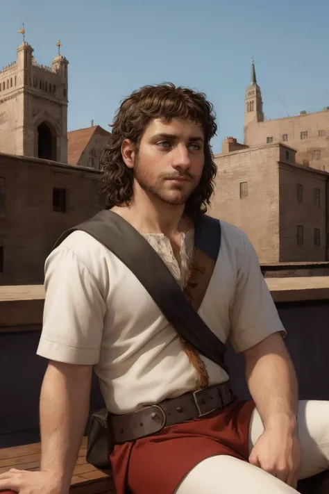 ((renaissance oil painting, Caravaggio))
sitting on rooftop, looking away