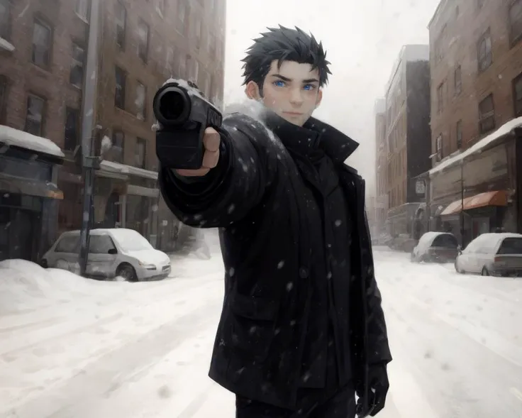 ((anime))
snow falling on a man holding a handgun