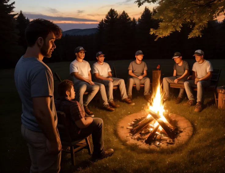 Group photo, redneck, (homoerotic, group sex), Detailed realistic photograph, young men, ((detailed face, detailed realistic skin)), detailed background, ray tracing sunlight, hyperdetailed photorealistic life-like accurate proportionate 8k sharp focus, empty hands, casual party atmosphere, rural party bonfire, outdoors, nighttime, woods, Appalachian, gay porn,