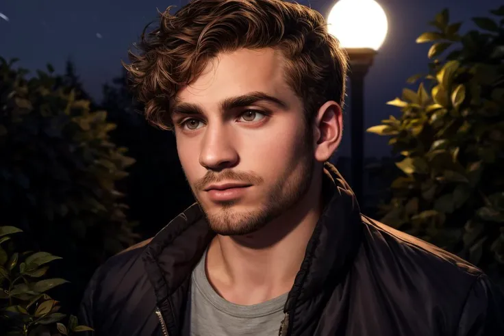 solo, speaking, highly detailed skin, pores, sharp focus, candid, skin imperfections, 25yo man, stubble, waning light, outdoors, nighttime, upper body