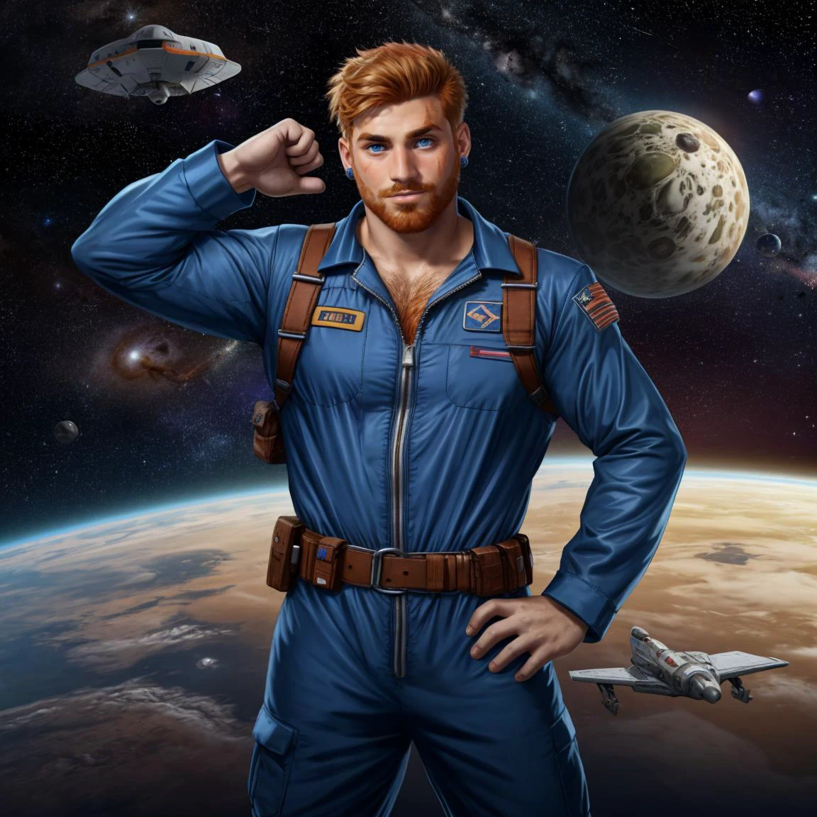 solo, stubble, looking at viewer, spacecraft, science fiction, 1boy, pose, ginger hair, fair skin, scar through eyebrow, stud earrings, smirk, dynamic pose, jumpsuit, tool belt, space, hairy,