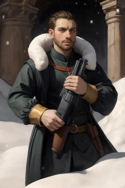((renaissance oil painting, Caravaggio))
snow falling on a man holding a handgun