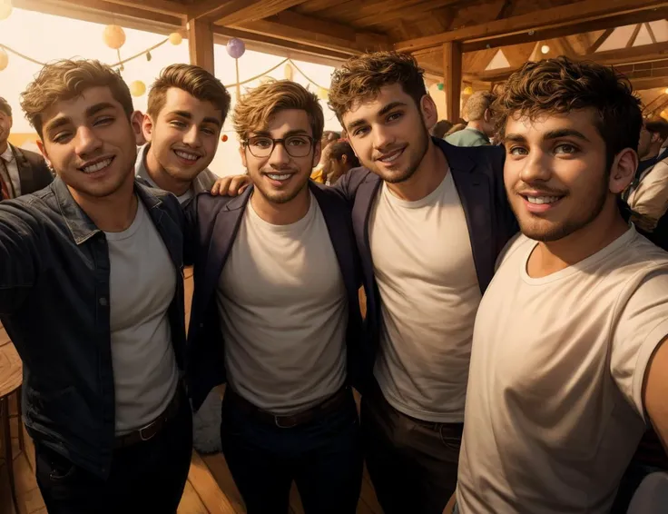 Group photo, party selfie, college aged frat bros, homoerotic, Detailed realistic photograph, young men, ((detailed face, detailed realistic skin)), detailed background, ray tracing sunlight, hyperdetailed photorealistic life-like accurate proportionate 8k sharp focus, empty hands, casual party atmosphere,