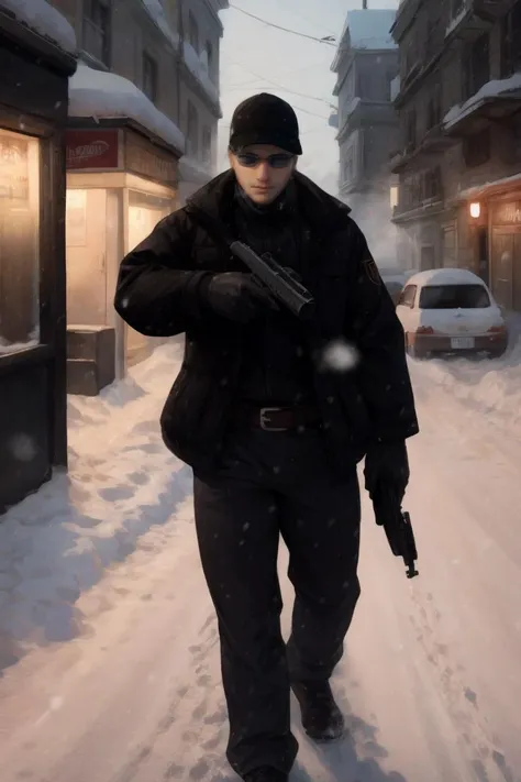 ((anime))
snow falling on a man holding a handgun