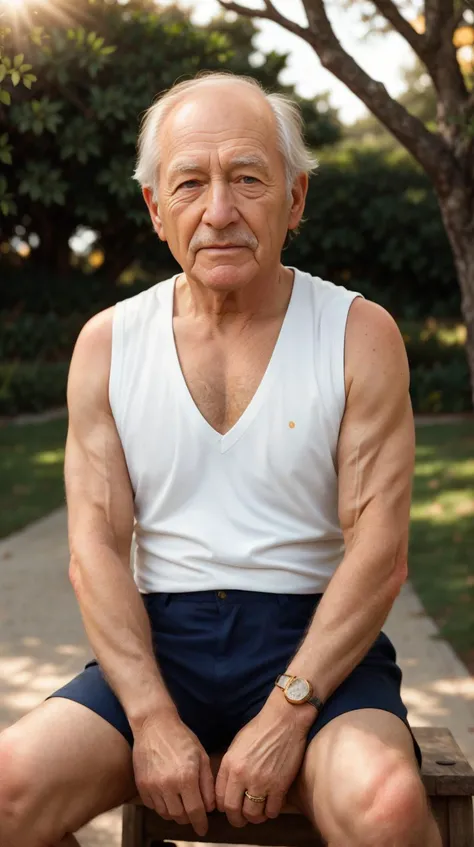 old wrinkly man, Masterpiece, RAW photography, (indifferent:0.8 expression), sitting down, knees up, elbows bent, outside in sunlight, <lora:PinkSkin:0.75>, sleeveless __colorprimary__ colored shirt, shorts, __colorprimary__ hair, lens flare golden hour, DOF, blurry background, (freckled skin:0.6),( detailed skin:0.8), detailed face, freckled face, glossy skin