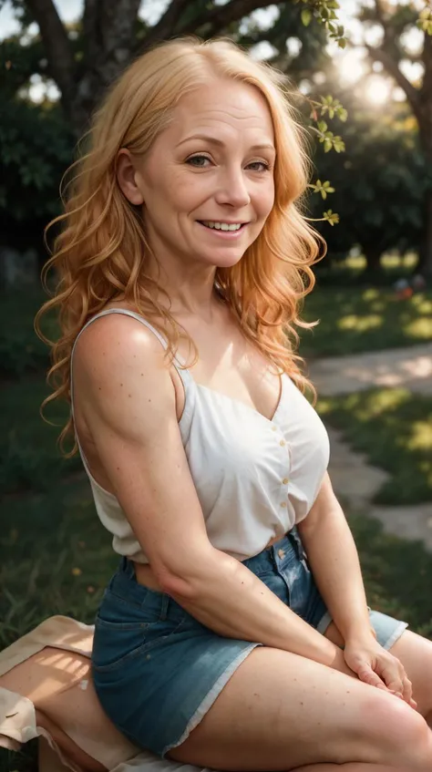 old wrinkly woman, wrinkly skin, Masterpiece, RAW photography, smiling, sitting down, knees up, elbows bent, outside in sunlight, <lora:PinkSkin:0.75>, sleeveless __colorprimary__ colored shirt, shorts, __colorprimary__ hair, lens flare, golden hour, DOF, blurry background, (freckled skin:0.6),( detailed skin:0.8), detailed face, freckled face, glossy skin