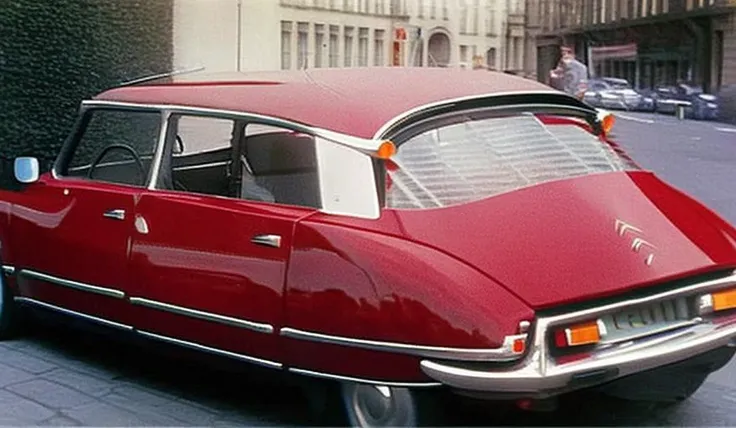 red citroen driving in a city in the 70's