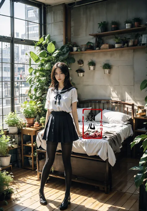 Epic CG masterpiece, an anime girl in a room with plants, no shoes, Black transparent pantyhose, pleated skirt, Sailor suit, sailor collar, in the style of photorealistic urban scenes, applecore, sandalpunk, high-angle, vacation dadcore, solarizing master
1girl,  Milky skin, (shiny skin:1.4)sitCrossed legs, Black transparent pantyhose
<lora:~Q?-3QI\Ys window:0.8>