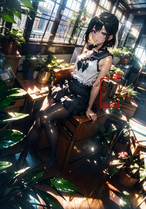 Epic CG masterpiece, an anime girl in a room with plants, no shoes, Black transparent pantyhose, pleated skirt, Sailor suit, sailor collar, in the style of photorealistic urban scenes, applecore, sandalpunk, high-angle, vacation dadcore, solarizing master
1girl,  Milky skin, (shiny skin:1.4)silk stockings
<lora:~Q?-3QI\Ys window:0.8>