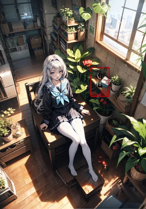 Epic CG masterpiece, an anime girl in a room with plants, no shoes, Black transparent pantyhose, pleated skirt, Sailor suit, sailor collar, in the style of photorealistic urban scenes, applecore, sandalpunk, high-angle, vacation dadcore, solarizing master
1girl,  Milky skin, (shiny skin:1.4)silk stockings
<lora:~Q?-3QI\Ys window:0.8>