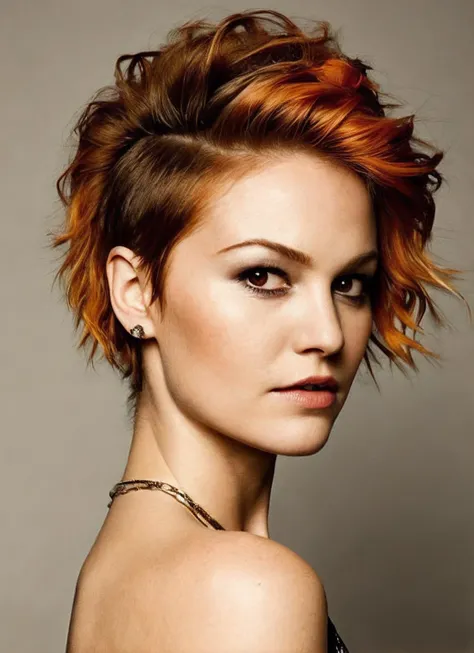 portrait of sks woman by Flora Borsi, style by Flora Borsi, bold, bright colours, orange Mohawk haircut, ((Flora Borsi)), <lora:locon_juliastiles_v1_from_v1_64_32:1.3>