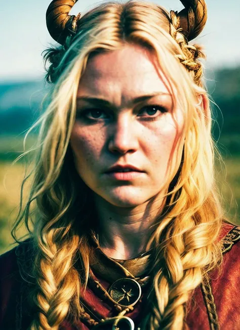 A stunning intricate full color portrait of (35 years old sks woman:1) as (viking warrior), (barbarian), epic character composition, by ilya kuvshinov, alessio albi, nina masic, sharp focus, natural lighting, subsurface scattering, f2, 35mm, film grain, <lora:locon_juliastiles_v1_from_v1_64_32:1.3>