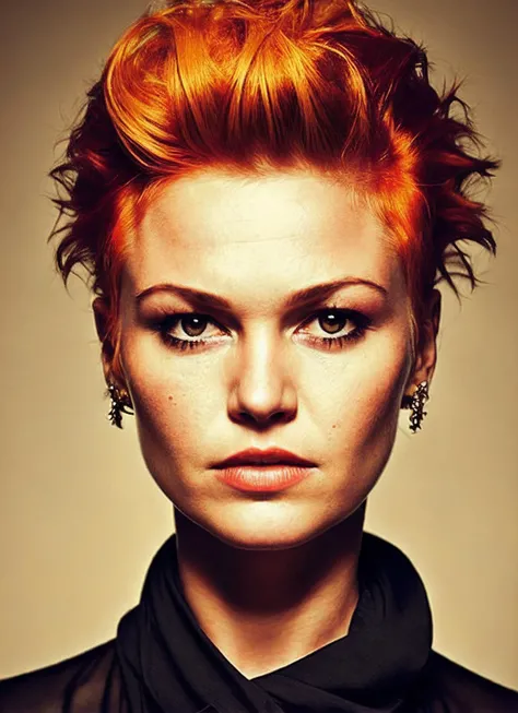 portrait of sks woman by Flora Borsi, style by Flora Borsi, bold, bright colours, orange Mohawk haircut, ((Flora Borsi)), <lora:locon_juliastiles_v1_from_v1_64_32:1.3>