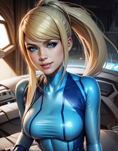 (anime style), masterpiece, depth of field, photorealistic, absurdres, best quality, 8k, best quality, perfect lighting, cinematic lighting, 1girl, female, mature, portrait, <lora:CHAR-ZeroSuitSamus:0.8>, samus, zero suit, blue eyes, ponytail, spaceship, cockpit, smile, large breasts, looking at viewer, see through clothes, transparent, transparent clothes, upper body,