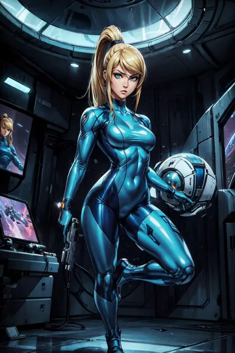 Zero Suit Samus, with a fully detailed fit body, full detailed face, detailed Eyes, detailed mouth, beautiful covered natural breasts, sexy Make-Up, shy and seductive look, long spreaded legs, realistic style, narrow hips, pretty face, perfect lightning, detailed hair, detailed background, wearing High heels, getting POV fucked