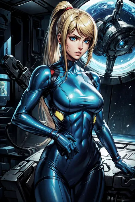 thick outlines, comics, photorealistic, 1girl, solo, <lora:samus:0.3>, samus, zero suit, blue eyes, ponytail, gun, inside of a spaceship, futuristic, detailed background, detailed face, detailed eyes, <lora:add_detail:0.7>