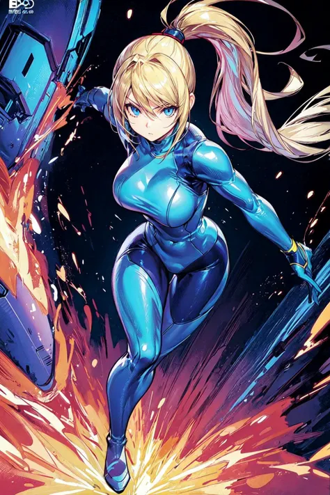 thick outlines, comics, photorealistic, 1girl, solo, dynamic pose, <lora:samus:0.3>, samus, zero suit, blue eyes, ponytail, gun, inside of a spaceship, futuristic, detailed background, detailed face, detailed eyes, <lora:add_detail:0.7>