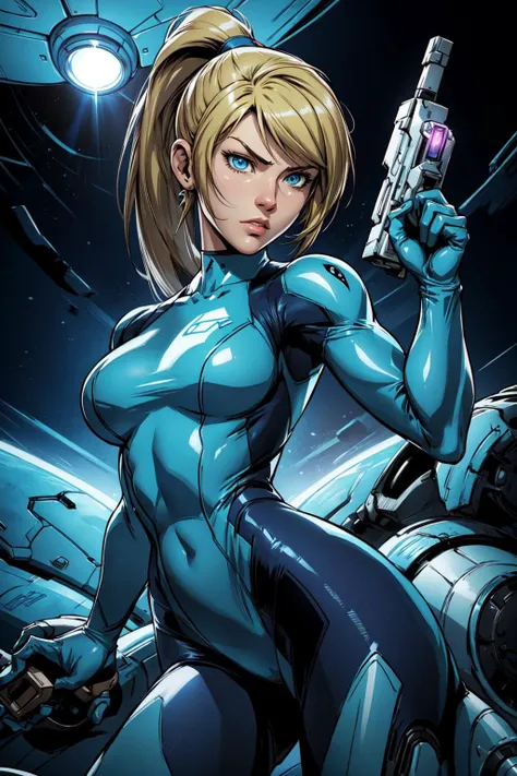 thick outlines, comics, photorealistic, 1girl, solo, dynamic pose, <lora:samus:0.3>, samus, zero suit, blue eyes, ponytail, gun, inside of a spaceship, futuristic, detailed background, detailed face, detailed eyes, <lora:add_detail:0.7>