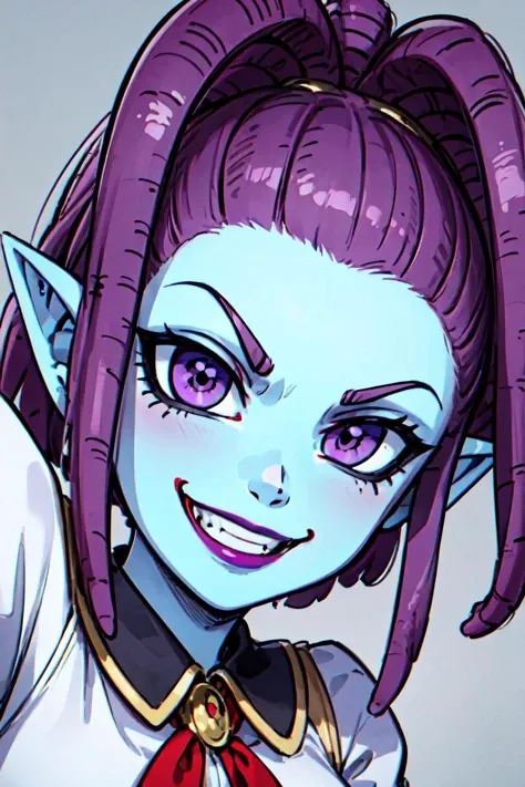 <lora:Marcarita_DB:0.8> marcarita_db, purple skin, blue skin, twintails, smile,