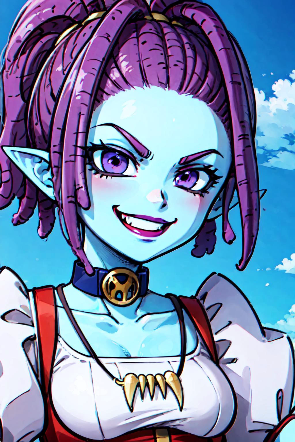 masterpiece, detailed face, 8k, high quality, solo, 1girl
mackidbs, purple lips, purple eyes, purple hair, blue skin, dreadlocks, pointy ears, tied-up hair, snake hair, ponytail,
white undershirt, red dress, puffy sleeves,choker, collarbone, tooth necklace,
close up, evil smile, star \(sky\),
<lora:macki:0.8>