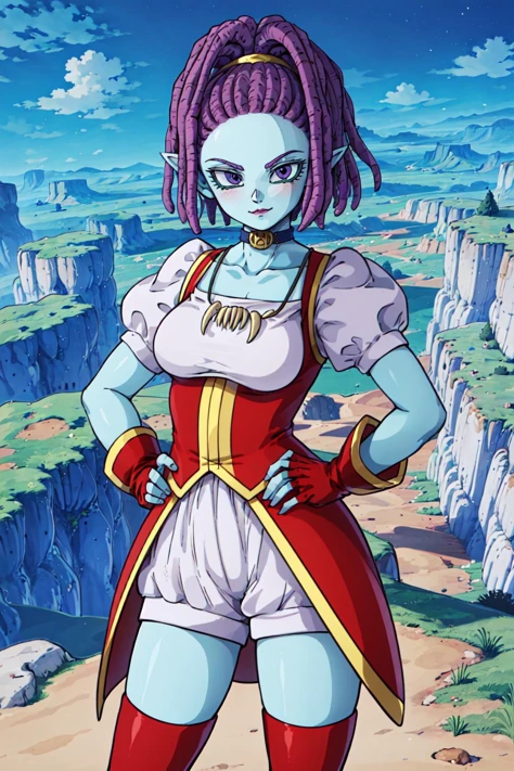 mackidbs, 1girl, solo, small breasts, purple lips, purple eyes, purple hair, blue skin, dreadlocks, pointy ears, (render)
red dress, white undershirt, gold trim. red fingerless gloves, blue thigh boots, choker, puffy short sleeves,
cowboy shot,
<lora:mackidbs:0.7>