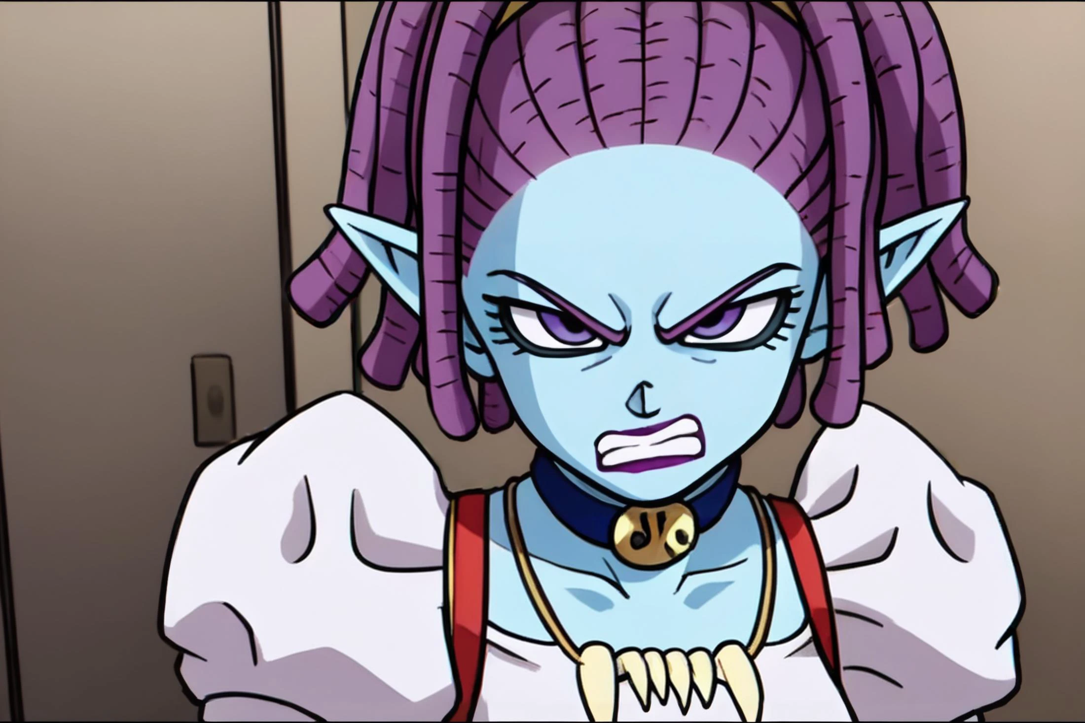 source_anime, score_9, score_8_up, score_7_up, anime screencap,
mackidbs, 1girl, comic, narrowed eyes, solo, purple eyes, purple hair, teeth, choker, pointy ears, tooth necklace, makeup, lipstick, clenched teeth, angry, gold trim, blue skin, dreadlocks, eyelashes, eyebrows, forehead, frown, looking at viewer, outline, puffy short sleeves, purple lips, red dress, tied hair, v-shaped eyebrows, white undershirt, close-up
<lora:macki_pony_v1:0.8>